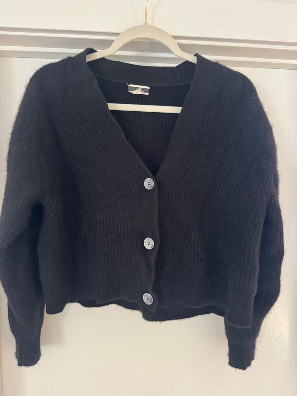 J. Crew Black Ribbed cashmere V-Neck Button Cardigan